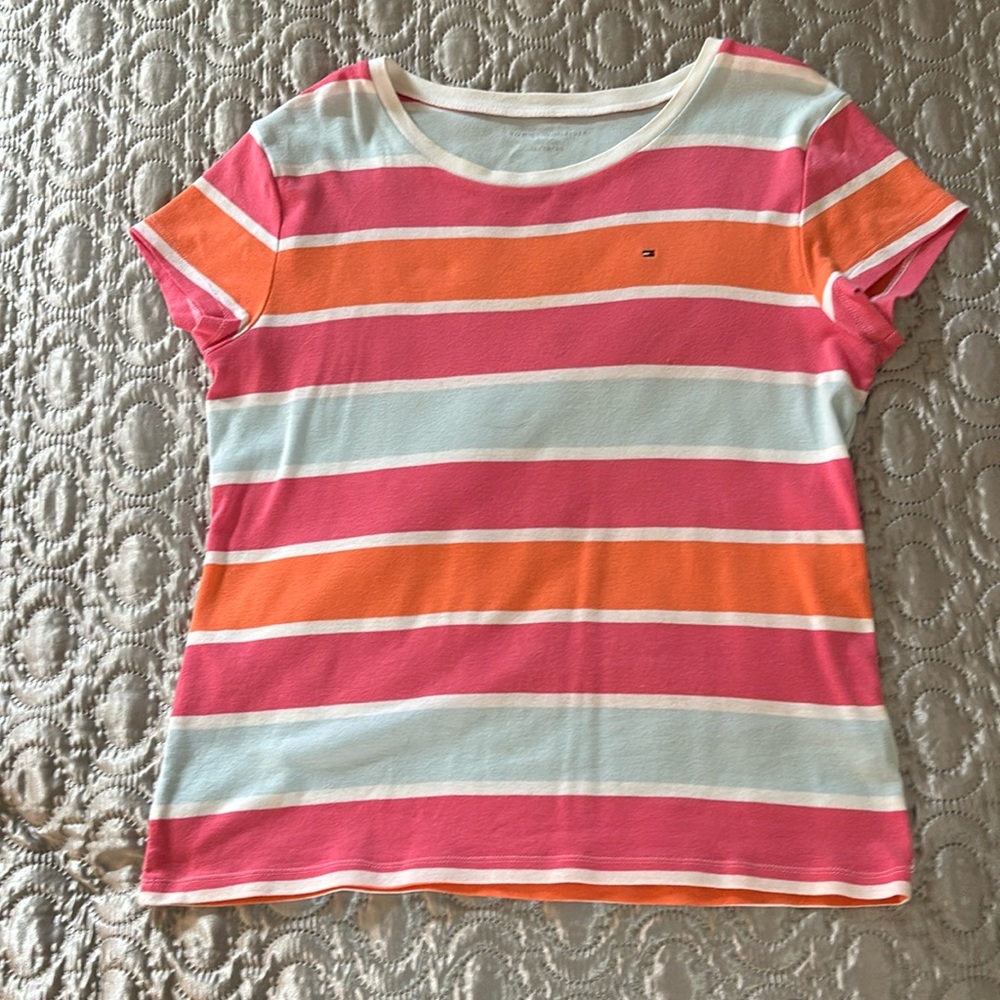 Tommy Hilfiger Women's Striped Top - Pink, Orange, and White